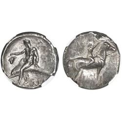 Calabria, Taras, AR didrachm, "boy on dolphin," 281-240 BC, NGC Choice XF, strike 4/5 surface 4/5.