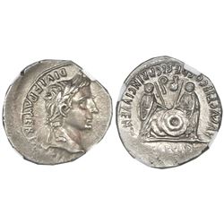 Roman Empire, AR denarius, Augustus Caesar, 27 BC to 14 AD, Lugdunum mint, NGC Choice AU, strike 3/5