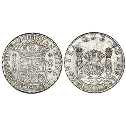 Potosi, Bolivia, pillar 8 reales, Charles III, 1768JR, four-petal rosettes.