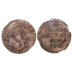 Cartagena, Colombia, copper 1/2 real, 1812, NGC MS 62 BN, finest known in NGC census.