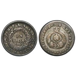 Popayan, Colombia, 1 decimo, 1866, fineness 0.835/0.900.