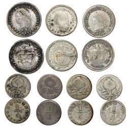 Lot of seven Colombian minors: 1/2 decimo, Bogota, 1868, and Popayan, 1869/8, and Medellin, 1871; 1/