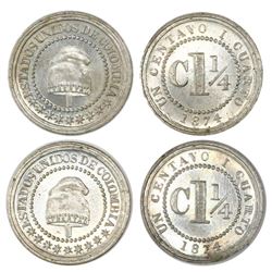 Lot of two Colombia (struck at the Heaton mint, Birmingham, England), copper-nickel 1-1/4 centavos,