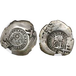 Costa Rica, 2 reales, 1846JB counterstamp (Type V) on a Potosi, Bolivia, cob 2 reales, 1731E, NGC G