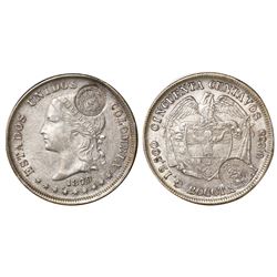 Costa Rica, 50 centavos, "lion" double countermark (Type VII, 1889) on a Bogota, Colombia, 50 centav