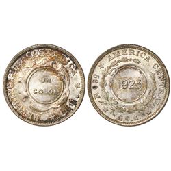 Costa Rica, 1 colon, 1923 countermark (Type VIII) on a Costa Rica 50 centavos of 1918, PCGS MS64, c/