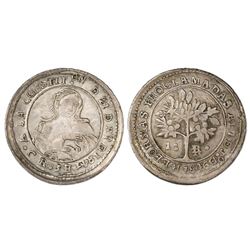 Costa Rica, 1 real, 1847JB, inverted B, "Madonna and child" proclamation issue, NGC AU 55.