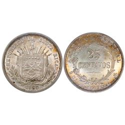 Costa Rica (struck in Birmingham, England), 25 centavos, 1890-HEATON BIRMM, PCGS MS65, finest known 