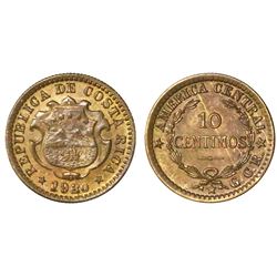 Costa Rica, copper-brass 10 centimos, 1920, GCR to right, PCGS MS63, finest known in PCGS census, ex