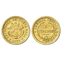 Costa Rica, brass 5 centimos, 1922, PCGS MS63,  finest known in PCGS and NGC censuses "ex-Mayer.