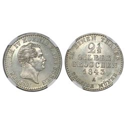Prussia (German States), 2-1/2 groschen, 1843A, Friedrich Wilhem IV, NGC MS 66.
