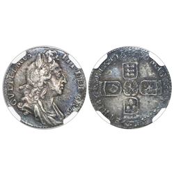 London, England, sixpence, William III, 1696, first bust, early harp, large crowns, NGC XF 45.