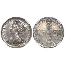 London, England, sixpence, Anne, 1703, with VIGO below bust, NGC AU 55.