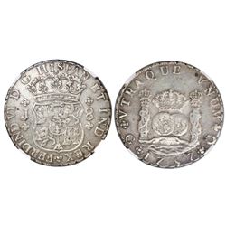 Guatemala, pillar 8 reales, Ferdinand VI, 1757J, no dots in shield-side legend, NGC XF 40.