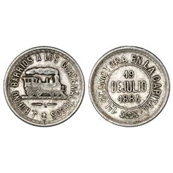 Guatemala, silver token, 1884, Rufino Barrios, first locomotive in the capital city.