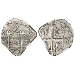 Tegucigalpa, Honduras, provisional "imitation cob" 2 reales, 1823-PM(PY), two-digit date, trefoil ty