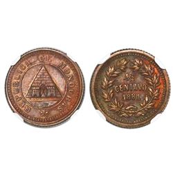 Honduras, bronze 1/2 centavo, 1881, rare, NGC MS 63 BN, finest known in NGC census, ex-Whittier (sta