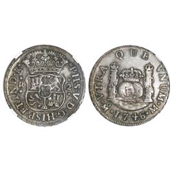 Mexico City, Mexico, pillar 2 reales, Philip V, 1746M, NGC XF 45.