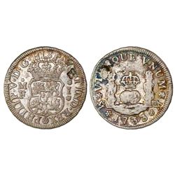 Mexico City, Mexico, pillar 1 real, Philip V, 1733/2MF, mintmark oM, very rare.