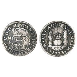 Mexico City, Mexico, pillar 1 real, Philip V, 1733MF/F, mintmark M.X, very rare.