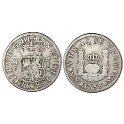 Mexico City, Mexico, pillar 1 real, Philip V, 1733MF, mintmark M.X.