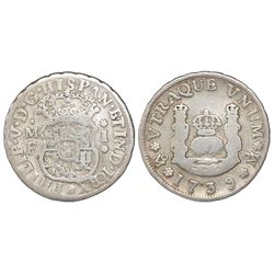 Mexico City, Mexico, pillar 1 real, Philip V, 1739MF, H in king's name made from an E (very rare var