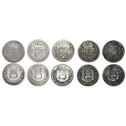 Lot of five Mexico City, Mexico, pillar 1R, Philip V, assayer M, dates as follows: 1742, 1743, 1744,