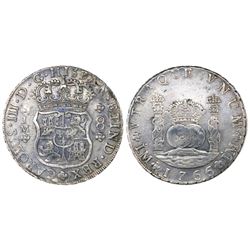 Lima, Peru, pillar 8 reales, Charles III, 1766/5JM, dots over both mintmarks, dot over erased floret