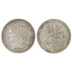 Lima, Peru, 5 pesetas, 1880BF, B without dot below wreath.