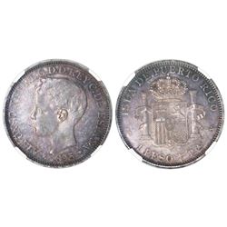 Puerto Rico (under Spain), 1 peso, Alfonso XIII, 1895PG-V, NGC AU 55.