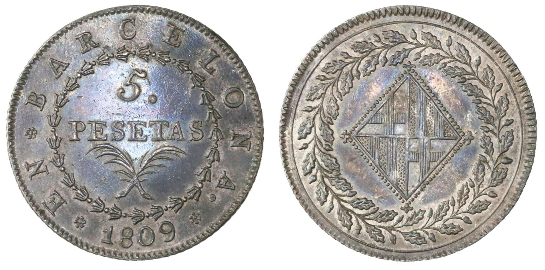 Barcelona Spain Joseph Napoleon 5 Pesetas 1809 barcelona-spain-joseph-napoleon-5-pesetas-1809