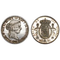 Spain, white metal pattern 20 reales, Isabel II, 1855, NGC MS 62.