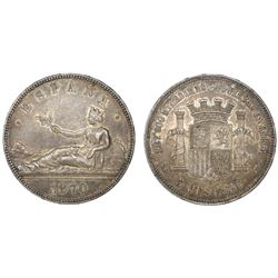 Madrid, Spain, 5 pesetas, 1870SN-M, with 18-70 inside six-point stars, NGC AU 55.