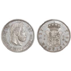 Spain (struck in Brussels, Belgium), silver pattern 5 pesetas, Charles VII Pretender, 1874, first de