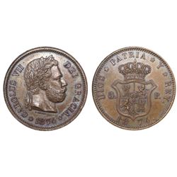 Spain (struck in Brussels, Belgium), bronze pattern 5 pesetas, Charles VII Pretender, 1874, second d