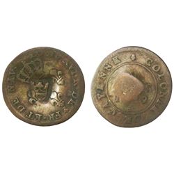 St. Barts, bronze 1 black dogg, crown countermark (ca. 1790s) on a French Cayenne 2 sous, 1789A, NGC