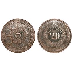 Uruguay, copper 20 centesimos, 1840.