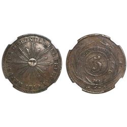 Uruguay, copper 5 centesimos, 1840, heavy flan (extremely rare), NGC XF 40 BN.