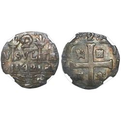 Caracas, Venezuela, "imitation cob" 2 reales, date "142" (early 1800s), NGC VF 30.