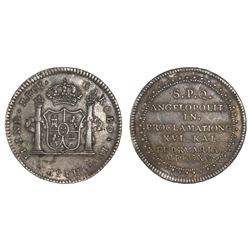 Puebla de Los Angeles, Mexico, silver 2 reales-sized proclamation medal, Charles IV, 1790.