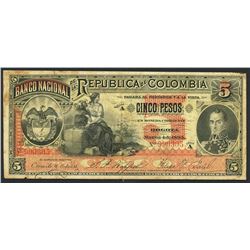 Bogota, Colombia, Banco Nacional, 5 pesos, 4-3-1895, series A, serial 990305.