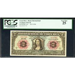 San Jose, Costa Rica, Banco Internacional, 2 colones, 20-2-1936, series B, serial 831763, PCGS VF 25