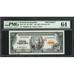 Trujillo City, Dominican Republic, Banco Central, 20 pesos oro specimen, ND (1952), serial A000000A,
