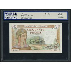 France, Banque de France, 50 francs, 26-8-1937, series U. 6822, serial 170544402, WBG AU 55.