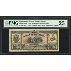 Quetzaltenango, Guatemala, Caja Reguladora red serial 21262 overprint on Banco de Occidente, 100 pes