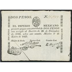 Mexico City, Mexico, Empire of Mexico, small-size 2 pesos, 1-1-1823, serial 11,122, ex-Bevill.
