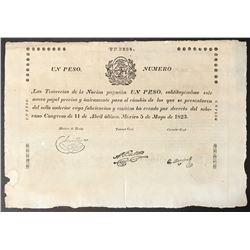 Mexico, Tesorerias de la Nacion, 1 peso, 11-4-1823, serial 116307, printed on papal bull, Bevill Pla