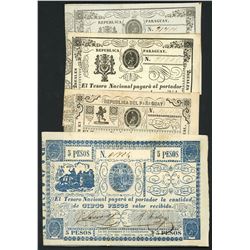 Lot of nine Paraguay, National Treasury, ND (1865) notes.