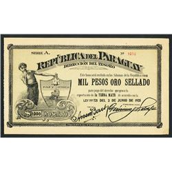 Paraguay, Direccion del Tesoro, 1,000 pesos oro sellado vale, 2-6-1925, series A, serial 1036.