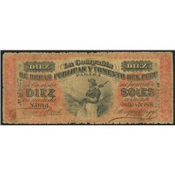 Lima, Peru, Compania de Obras Publicas y Fomento, 10 soles, 4-7-1876, series A, serial 118327.